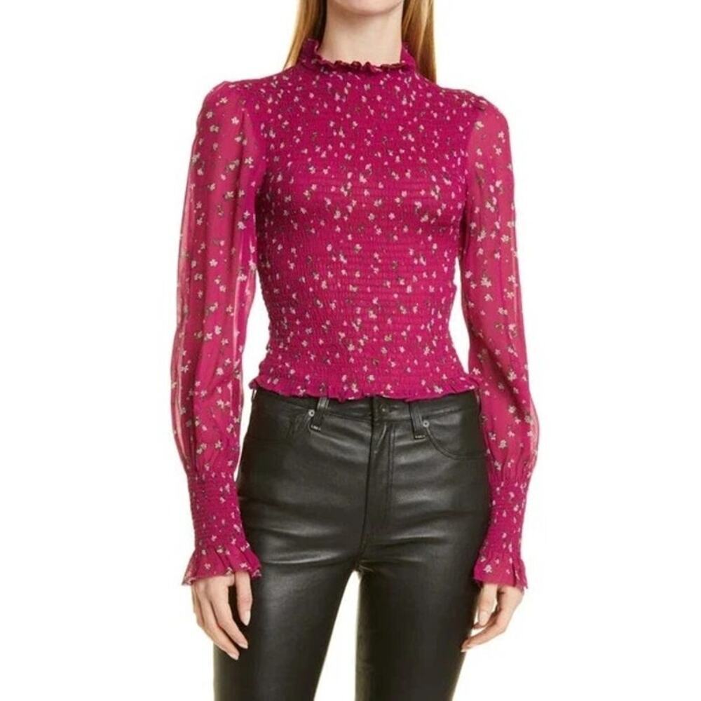 RAG & BONE Kayden Floral Print Crop Smocked Blouse Top Size XS
